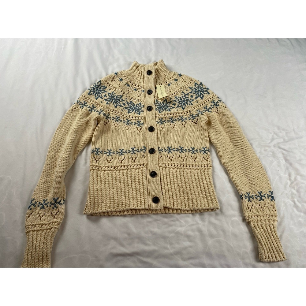 L.L. Bean Signature Cardigan Sweater Womens XXS Beige NWT Fair Isle Mock Neck